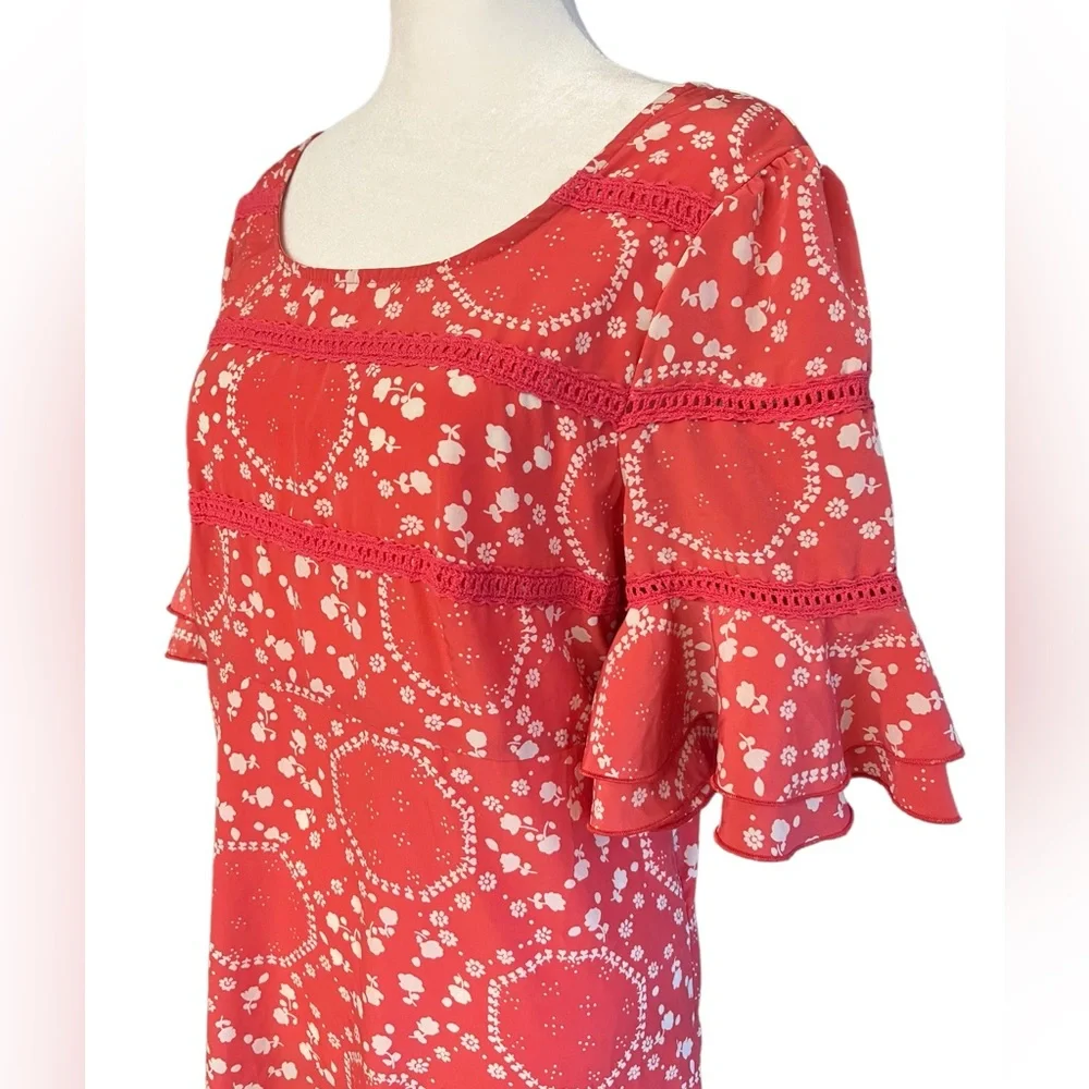 FREE PEOPLE Coral Geo Garden Shift Dress Size 6 Ruffle Sleeve Boho Floral Pink